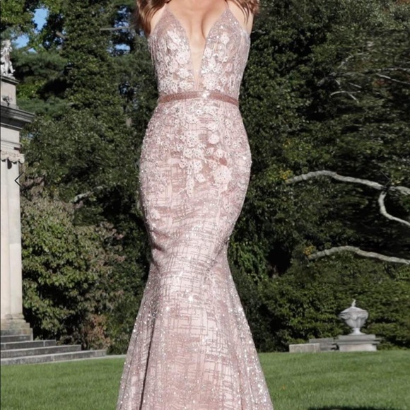 Embellished Embroidered Deep V-Neck Trumpet Dress - Picture 2 of 4